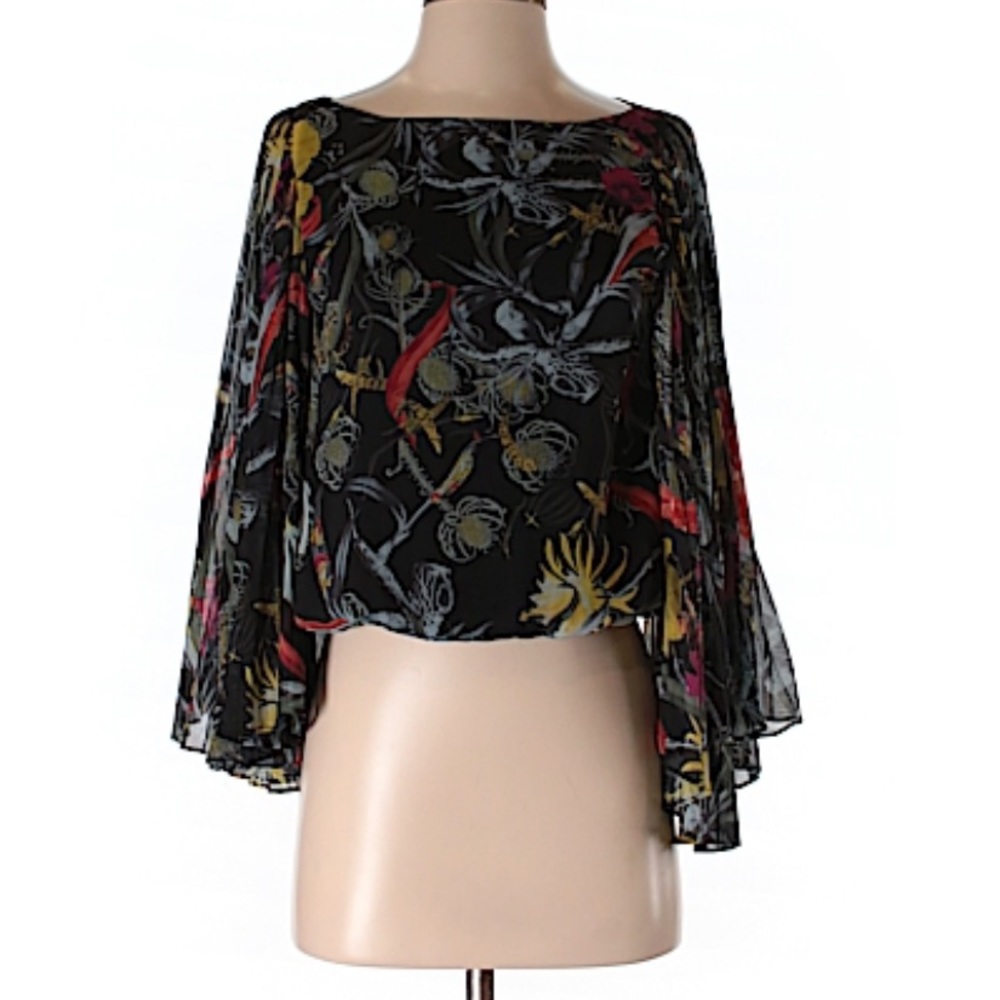 NWOT Alice + Olivia Blouse Black Multicolor Accordion Sleeves Size XS